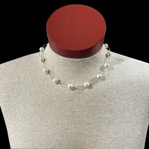 Lauren Ralph Lauren Romantic Rebel Faux Pearl Oval Link Necklace Silver Tone